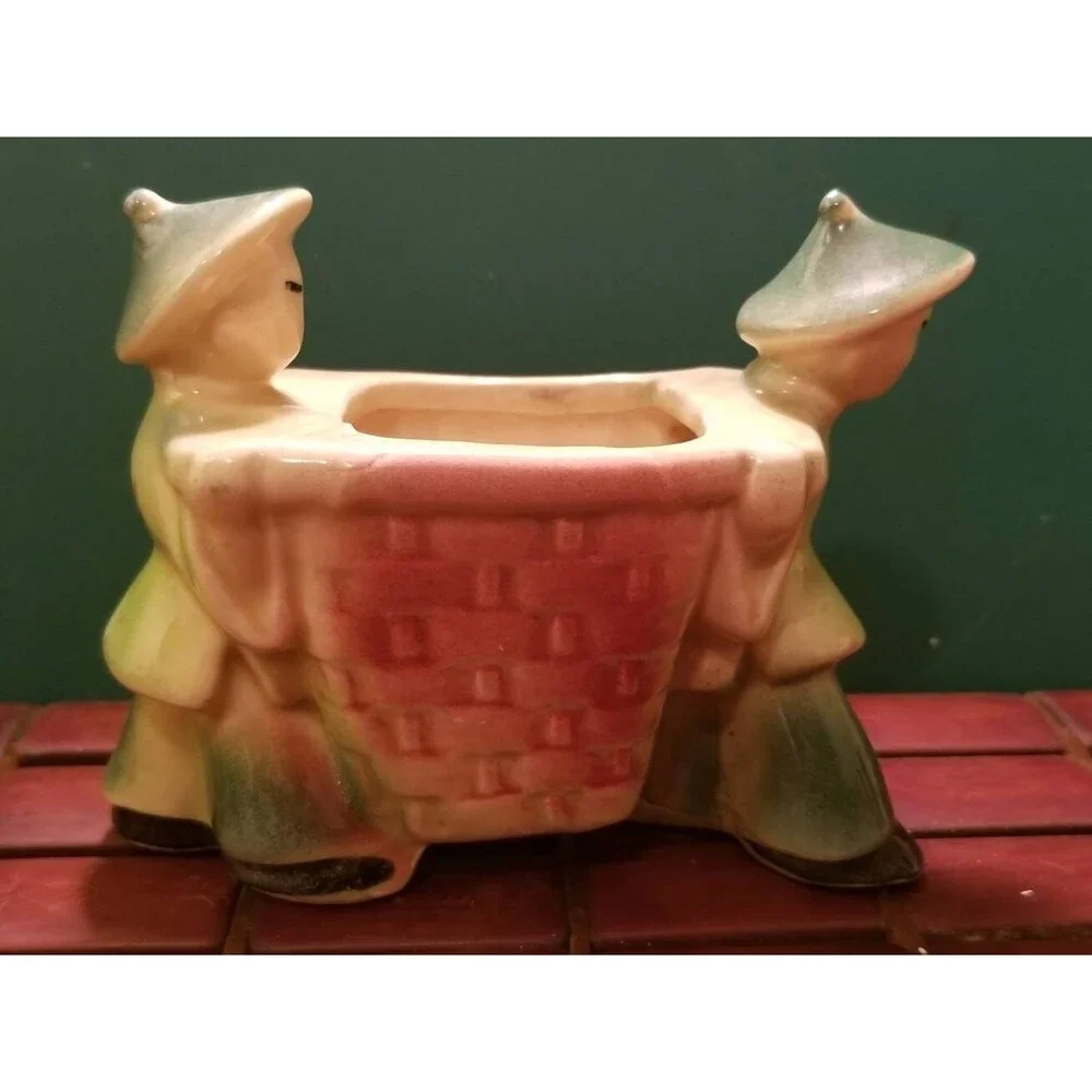 Vintage Ceramic Vase Planter Asian Men In Traditional Costumes